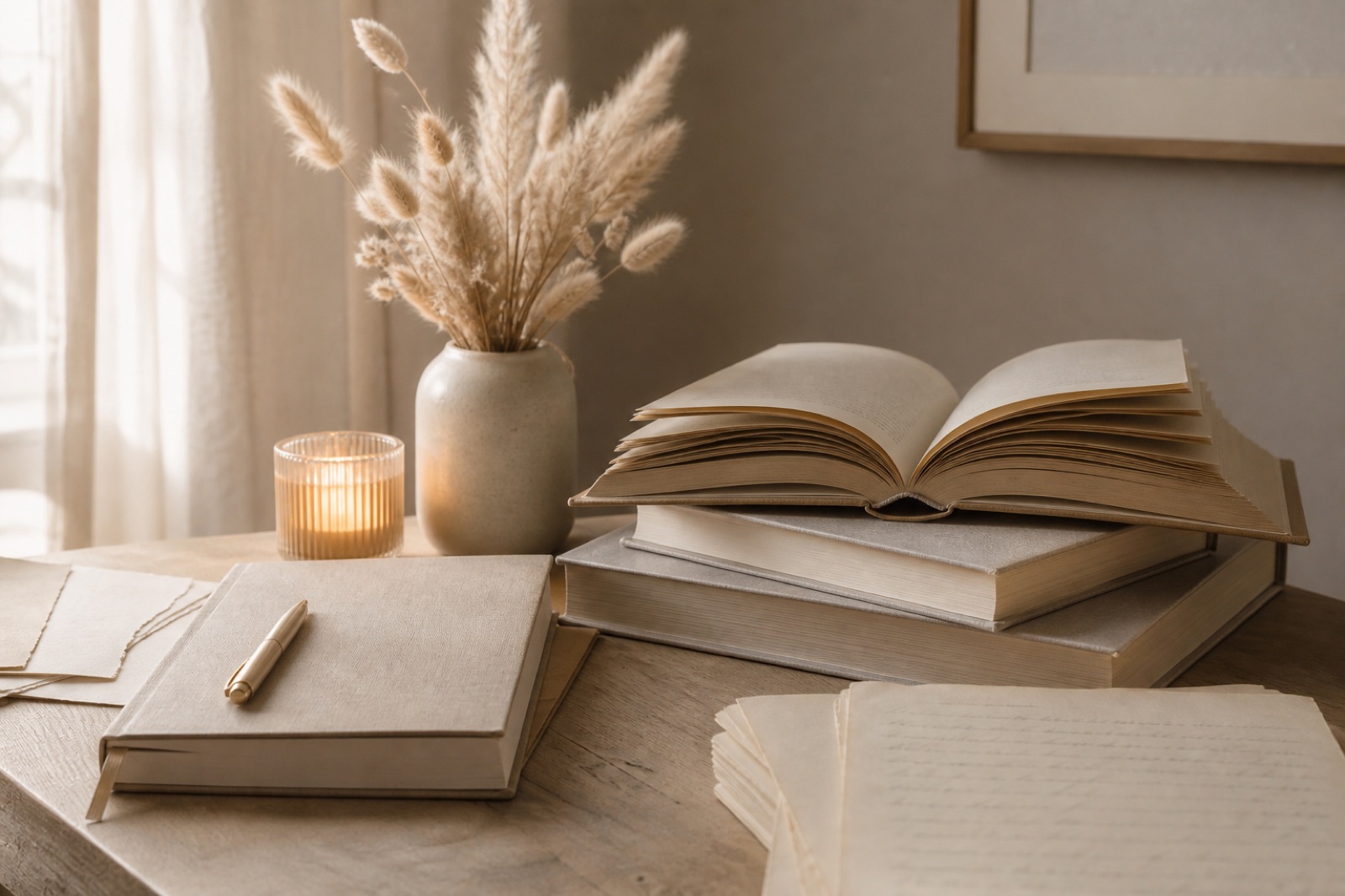 A soft photographic literary still life with stacked books, writing pages, and warm candlelight.